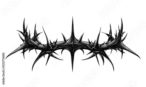 Thorny halo design with sharp spikes, symmetrical pattern, black and white, linear style, icons set, vector.
