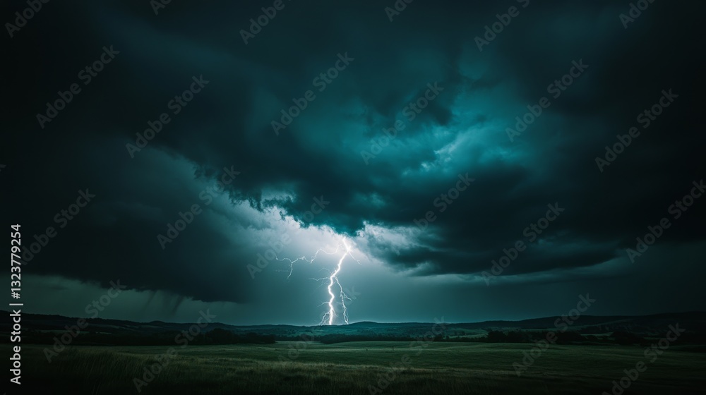 A dramatic lightning bolt splits a dark, stormy sky over a vast landscape, capturing nature's raw power. A dramatic lightning bolt splits a dark, stormy sky over a vast landscape, capturing nature's raw power.