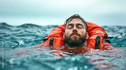 A man in an orange life jacket floats calmly in turbulent waters, symbolizing resilience and inner peace amidst chaos