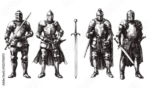 Medieval knights and sword armor collection, flat icons set, vector.