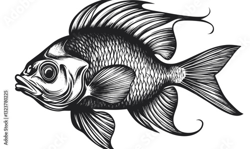 Black and white fish illustration - flat vector icons set.
