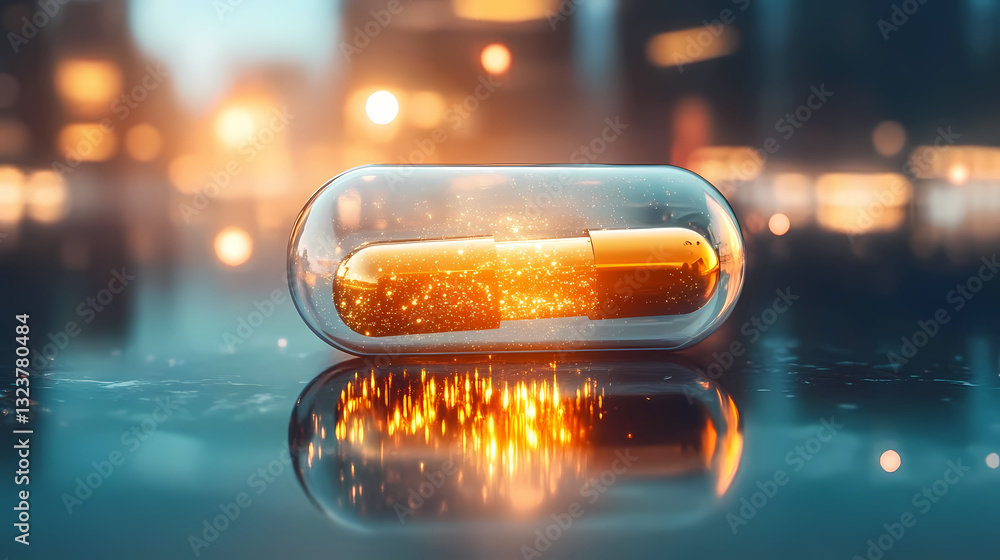 Glowing golden pill inside a transparent capsule