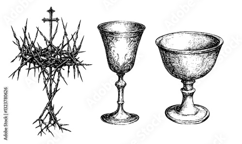 Religious symbols set: cross, chalices with thorns vector, linear icons set.