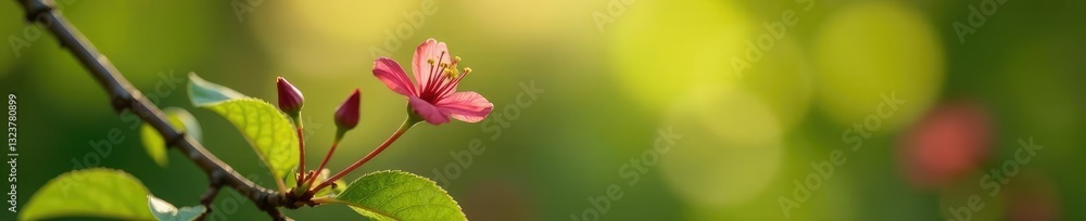 Single hawthorn bloom on a stem against a soft focus background with natural light filtering through leaves, hawthorn flowers, Single hawthorn bloom, floral Single hawthorn bloom on a stem against a soft focus background with natural light filtering through leaves, hawthorn flowers, Single hawthorn bloom, floral