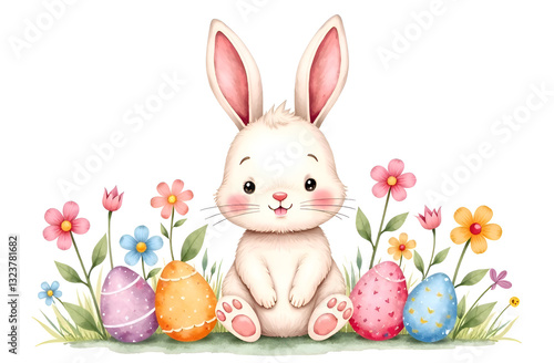 Happy Easter, watercolor drawing featuring a cute Easter bunny, eggs and spring flowers. Illustration