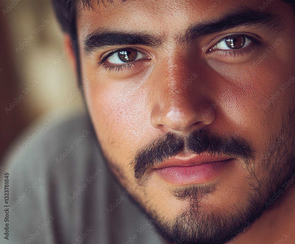 Fototapeta premium Intimate Gaze: A captivating portrait of a man with dark hair and a contemplative expression. His intense eyes draw the viewer in, creating a sense of connection and curiosity.
