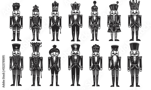 Nutcracker soldier collection with various outfits and hats, linear icons set, vector.