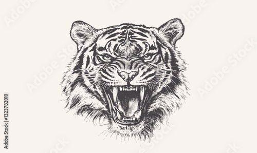 Roaring tiger head illustration in linear style, icons set, vector.