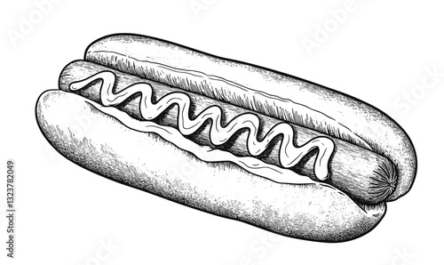 Classic hot dog with mustard in bun vector, linear style icons set.