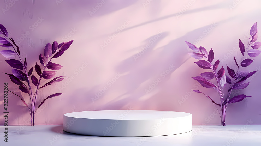 White platform with purple leaves