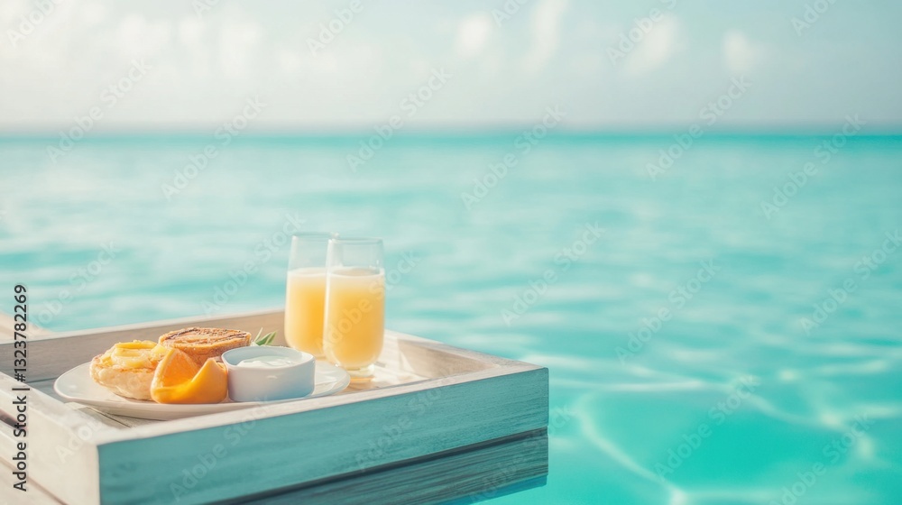 Obraz premium Refreshing Breakfast Tray with Juices, Pancakes, and Fruit by the Crystal Clear Water on a Sunny Day in a Tropical Paradise