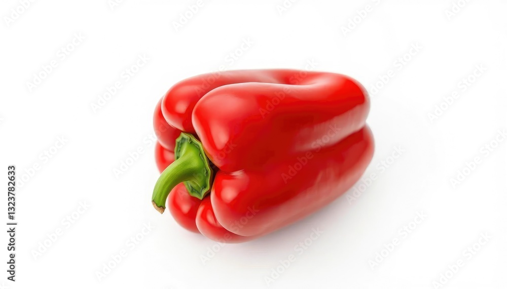 Single vibrant red bell pepper isolated on pure white backdrop, single, capsicum