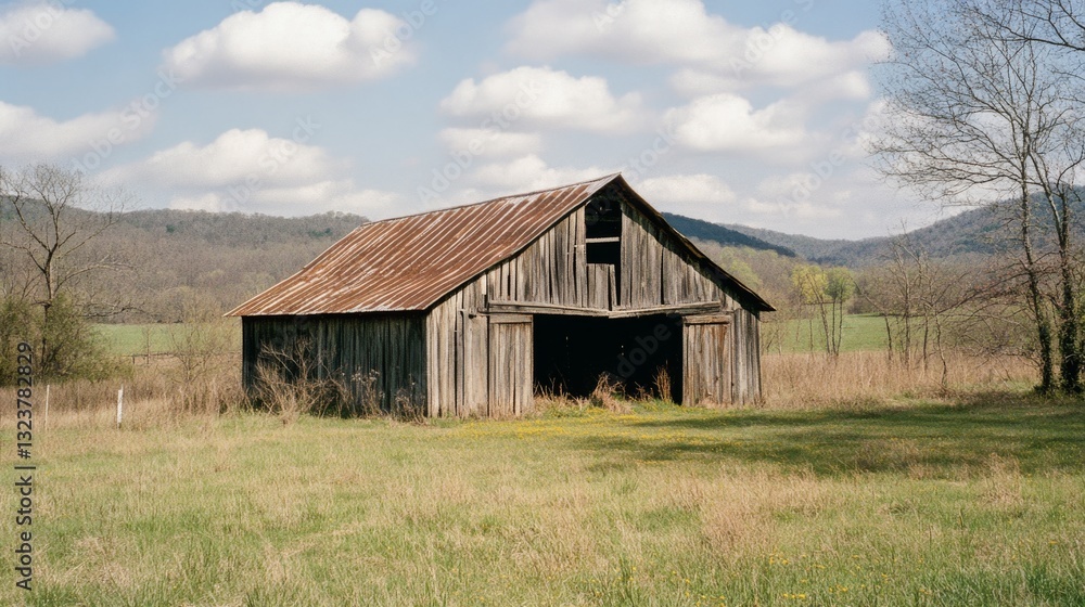 A solitary, weathered barn rests amid expansive fields under a sky dotted with puffy clouds, epitomizing rural calm and timelessness. A solitary, weathered barn rests amid expansive fields under a sky dotted with puffy clouds, epitomizing rural calm and timelessness.