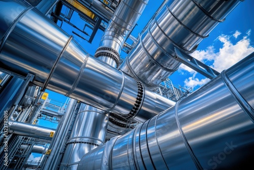 Industrial pipes and the blue sky: A dynamic perspective showcasing a complex network of metallic pipes, gleaming in the sunlight against the vibrant backdrop of a clear blue sky.