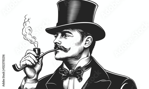 Gentleman with top hat and pipe smoking, mustache, vintage style - linear icons set vector.