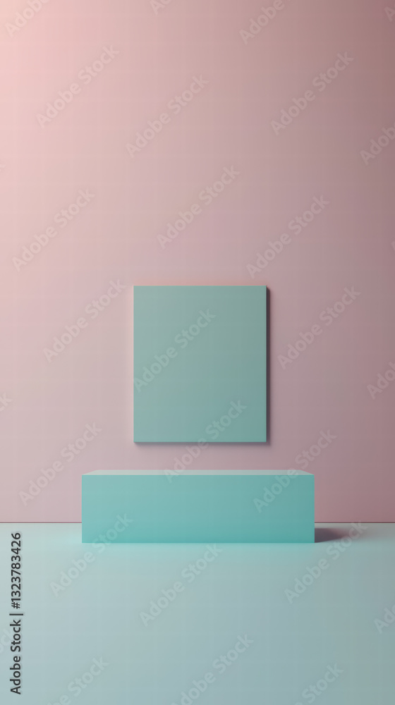 Geometric Shapes: A minimalist composition showcasing a turquoise rectangular podium and a matching wall-mounted shape set against a muted pink background. Geometric Shapes: A minimalist composition showcasing a turquoise rectangular podium and a matching wall-mounted shape set against a muted pink background.