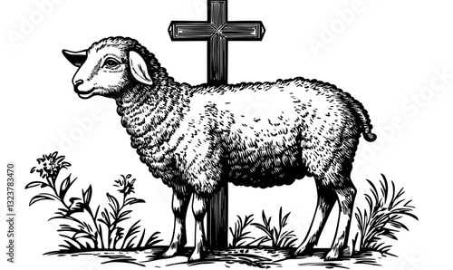 Lamb and cross with floral elements, linear icons set, vector.