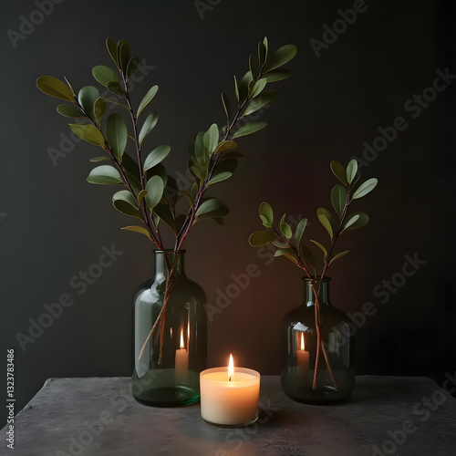 Tranquil Still Life with a Glowing Candle and Eucalyptus Branches in Glass Vessels on a Dark Textured Table Surface