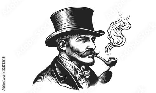 Gentleman with mustache smoking pipe in top hat, vintage black and white linear icons set - vector.