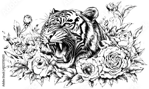 Fierce roaring tiger surrounded by roses and leaves, artistic black and white vector, linear icons set.