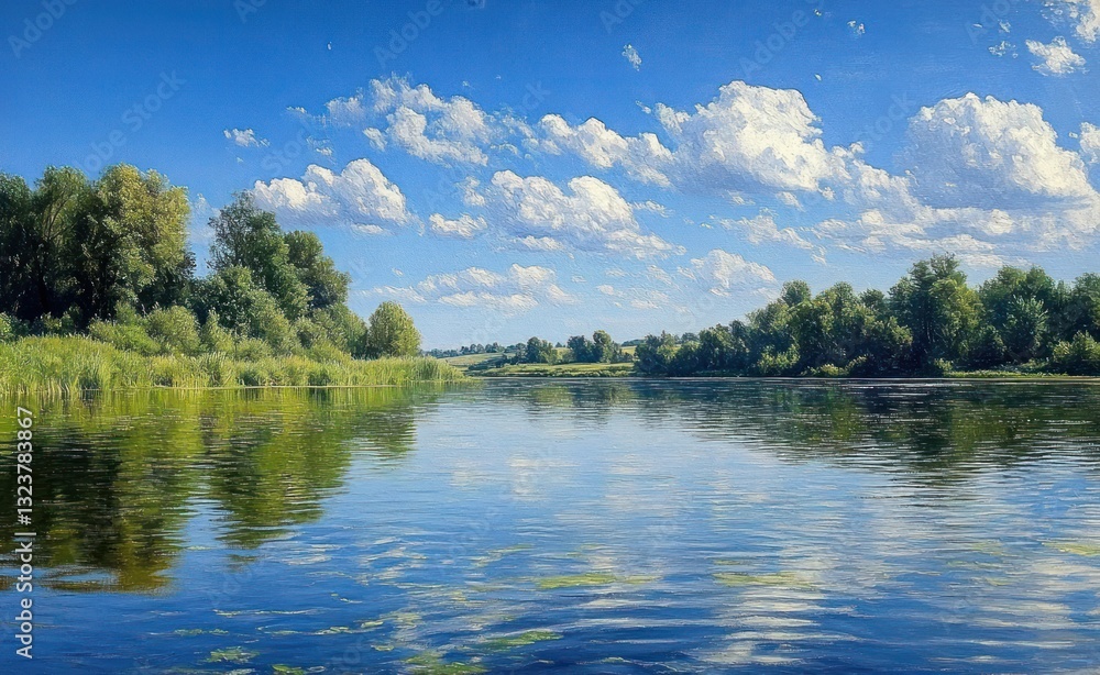 Fototapeta premium Tranquil Summer Scene with River and Lush Trees under Blue Sky and Soft Clouds
