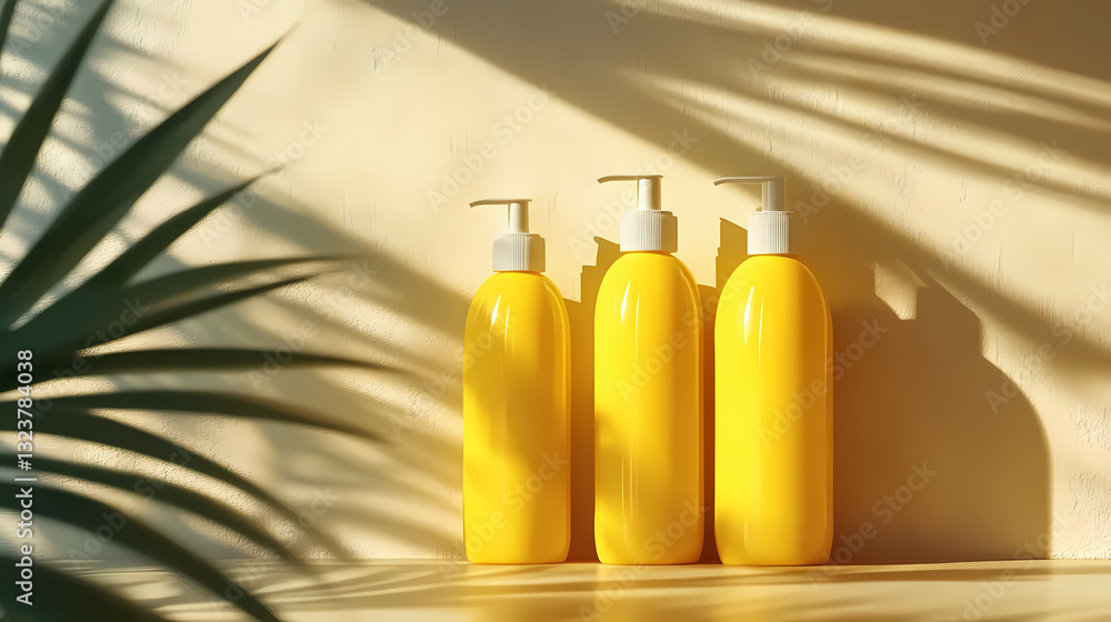 Yellow shampoo bottles with palm leaf shadow
