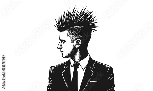 Punk style man in suit with mohawk - flat vector icons set.