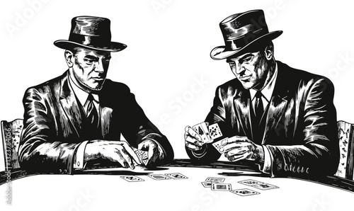 Poker players in suits with hats card game, linear icons set, vector.