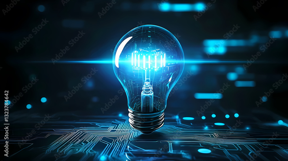 Glowing blue bulb on a circuit board