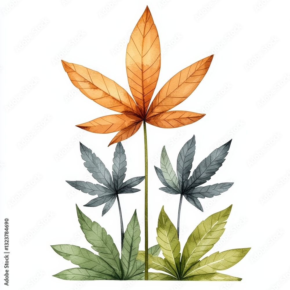 Fototapeta premium A vibrant watercolor illustration of various leaves showcasing hues of green, orange, and gray, perfect for nature-themed designs.