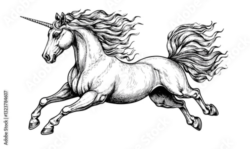 Majestic unicorn with flowing mane in motion, mythical creature - linear style icons set, vector.