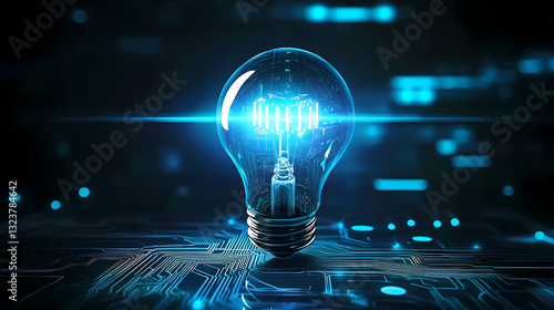 Glowing blue bulb on a circuit board