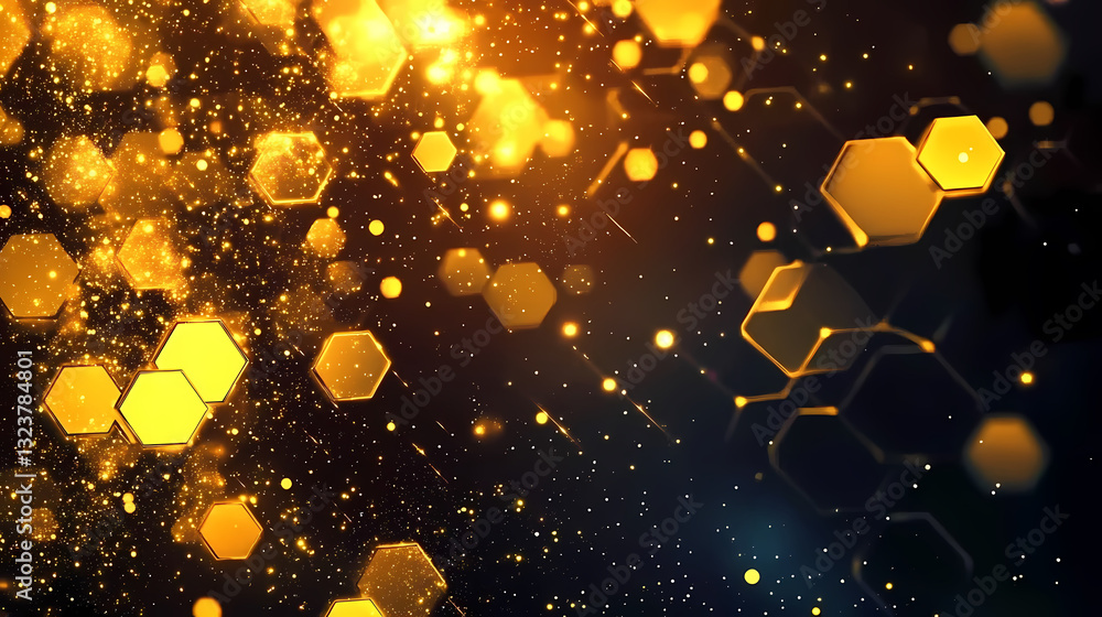 Golden hexagons with light spots on dark background