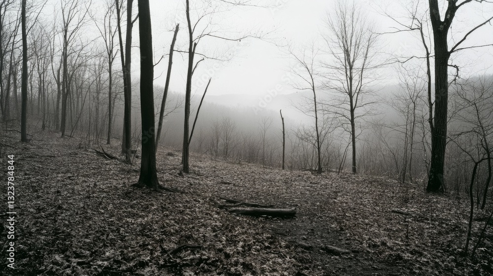 Fototapeta premium A desolate winter forest, devoid of leaves, embodies a stark and haunting beauty, shrouded in muted, misty light.