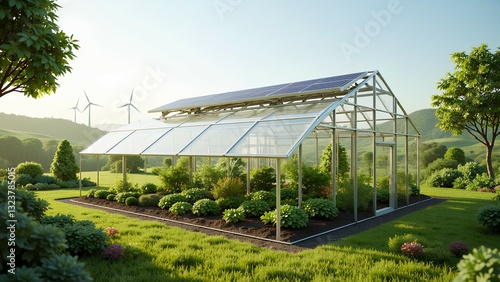 A modern greenhouse surrounded by lush greenery and wind turbines, showcasing sustainable agriculture and renewable energy practices.