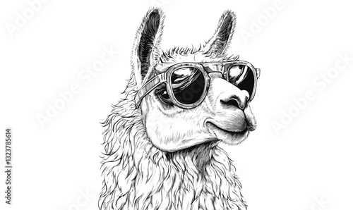 Cool llama wearing sunglasses in black and white style, flat icons set, vector.