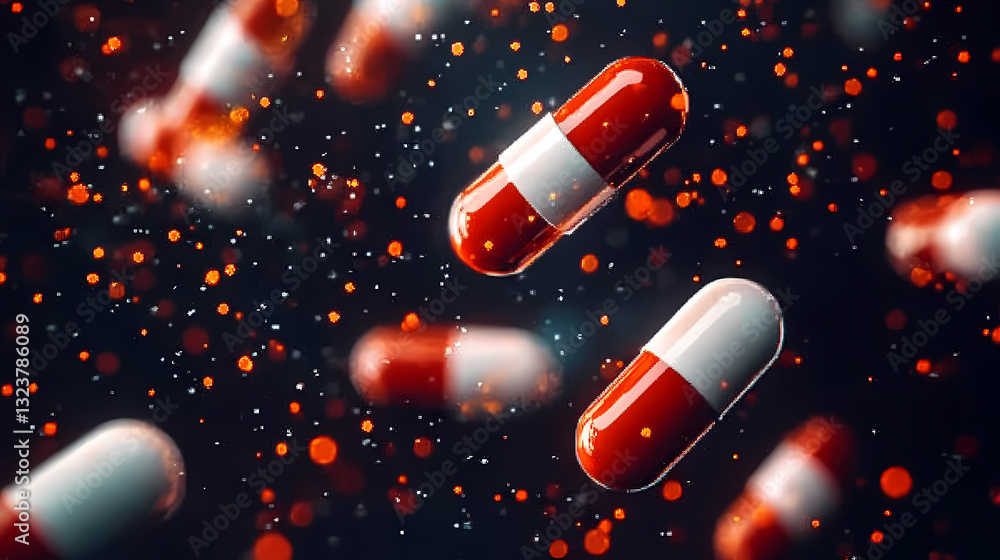 Red and white capsules with glowing particles