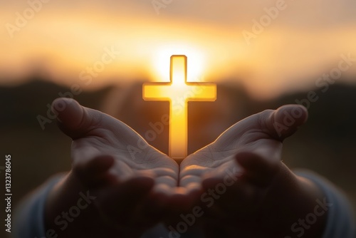 Sacred Offering: Illuminated cross cradled in outstretched hands, symbolizing faith, hope, and spiritual devotion against a sunset backdrop