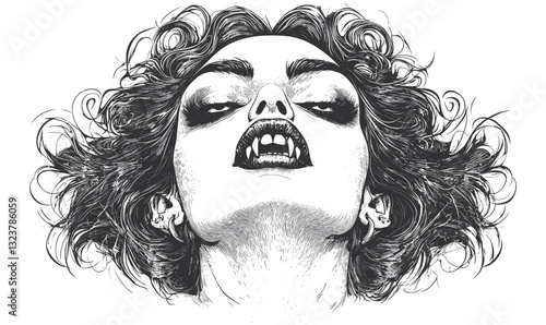 Fierce vampire woman portrait with fangs black and white vector, linear style art.