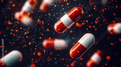 Obraz na płótnie Red and white capsules with glowing particles w salonie