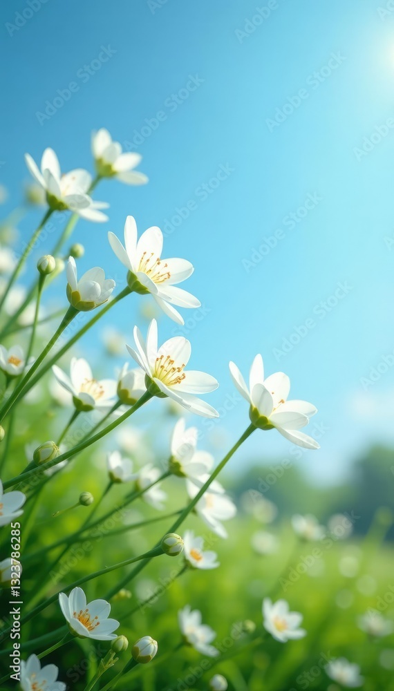 White flowers sway gently in the breeze beneath a clear blue sky, petals, nature, greenery White flowers sway gently in the breeze beneath a clear blue sky, petals, nature, greenery