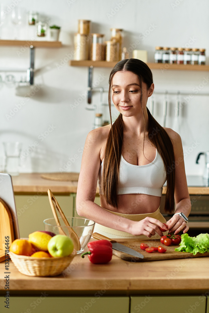 Young woman prepares a fresh salad while enjoying her time in the kitchen Young woman prepares a fresh salad while enjoying her time in the kitchen