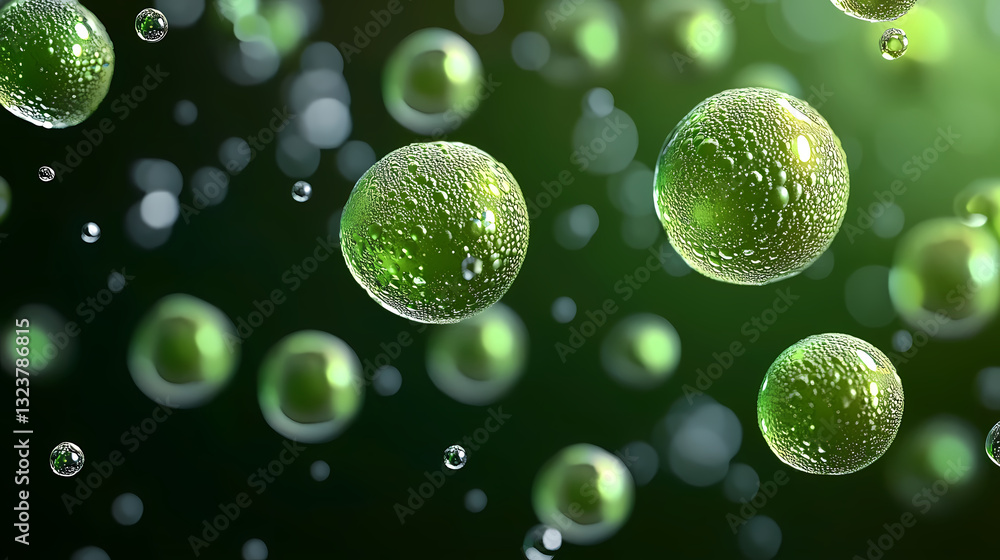 Floating green droplets with glowing details