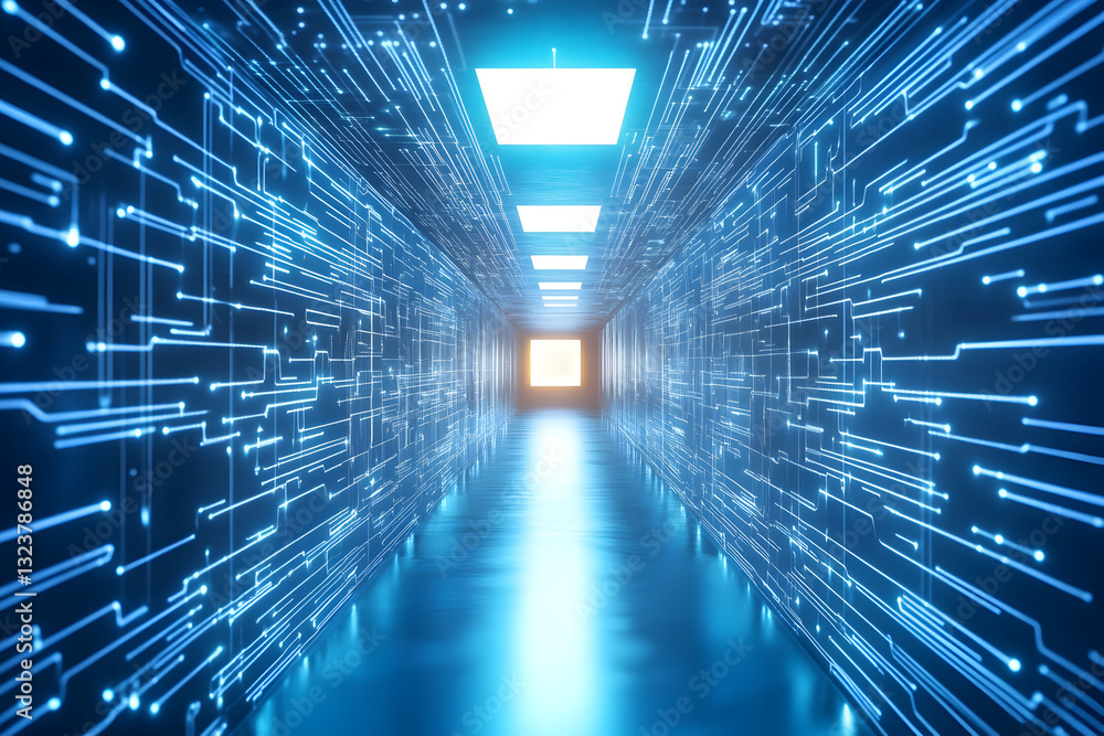 Futuristic digital tunnel with glowing blue lights and cyber grid pattern for technology backgrounds and sci-fi concepts Futuristic digital tunnel with glowing blue lights and cyber grid pattern for technology backgrounds and sci-fi concepts