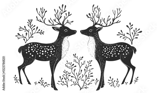 Two deer with antlers surrounded by plants in nature scene, black and white, linear icons set, vector.