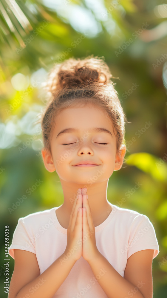 Fototapeta premium Girl meditating outdoors with hands in prayer position