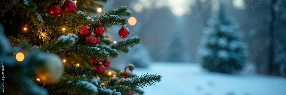 Winter scene with festively decorated evergreen tree and holly, winter, tree Winter scene with festively decorated evergreen tree and holly, winter, tree