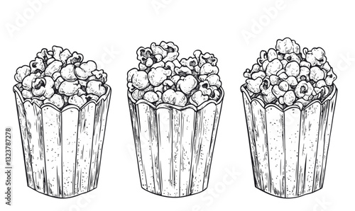 Popcorn buckets collection in linear style, snack concession icons set, vector.