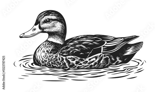 Detailed duck swimming in water, black and white, linear icons set, vector.