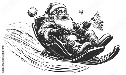 Santa claus sledding through snowy landscape with pine tree - linear icons set, vector.